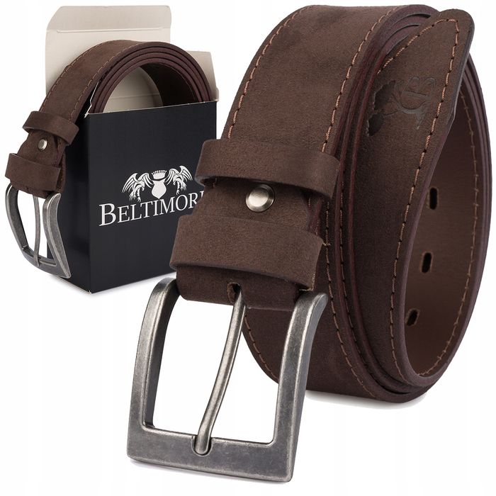 Pasek męski skórzany zamszowy szeroki 4cm klasyk brązowy premium 125