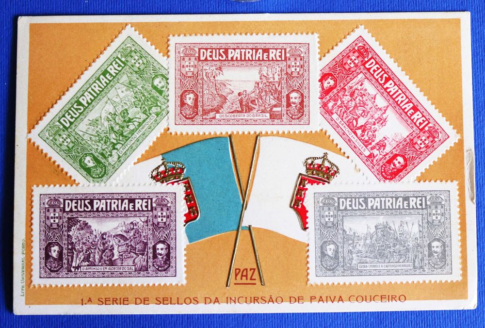 1ª Série Selos Incursão de Paiva Couceiro, postal em relevo, raro