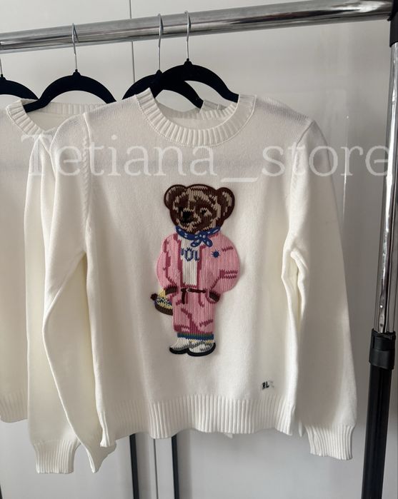 Жіночий білий светр віскоза кофта з рожевим ведмедиком Polo Ralph Lauren S M L XL