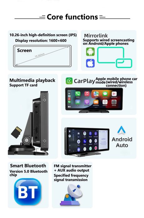 Auto Rádio Carplay MP5 portátil de 10,26 pol com bluetooth, tela HD