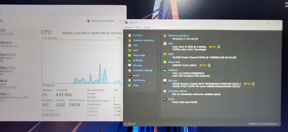 Pç Lenovo M720s 9ªG|I5.9500-3.0G|16G|NVMe256+HDD500|Wf5G+BT|TPM2.0|W11