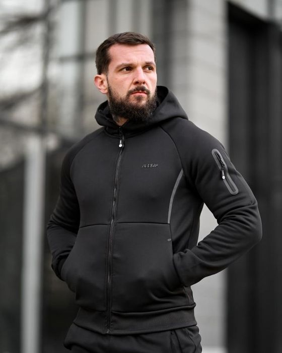 Зимовий чоловічий спортивний костюм чорний кофта штани на флісі