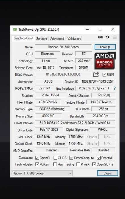 Игровая видюха Rx580 4 GB (память Samsung)