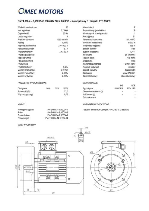 silnik elektryczny 0,75kW 1400obr. 3fazowy 80B5 OMT