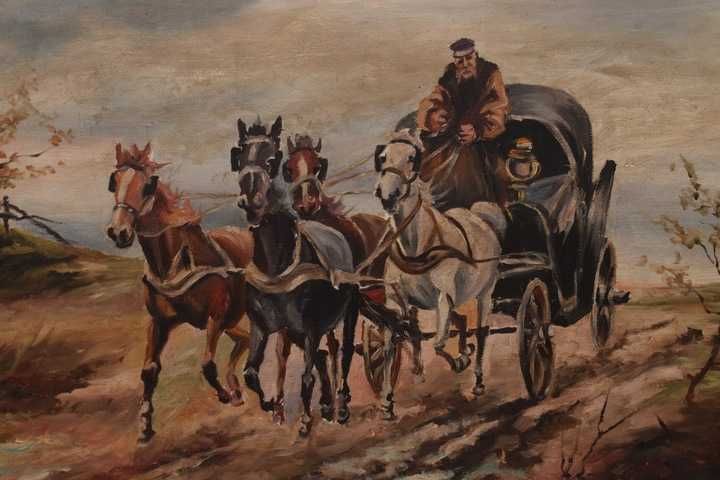 I. ZYGMUNTOWICZ - Pojazd z Końmi -Wyprawa na Targ - Stary Obraz Olejny