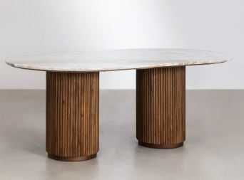 Mesa de jantar oval 200x100 cm em pedra natural e madeira de manga Giselda SKLUM