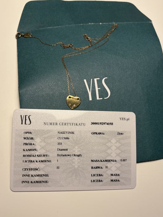 naszyjnik YES złoty diament 333 0.007 certyfikat celebrytka