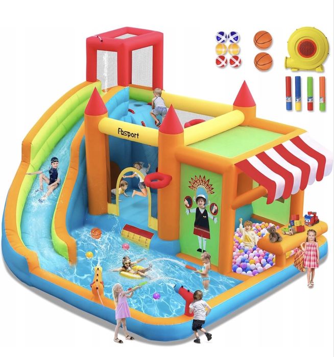 Dmuchany zamek do skakania XXL 424x388x238 cm ze zjeżdżalnią kolorowy