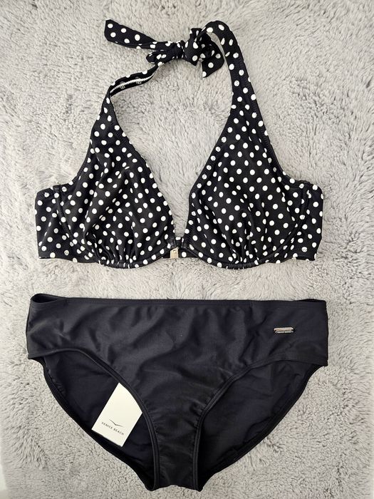 Strój kąpielowy dwuczęściowy bikini Venice Beach 85C 42 miękki z fiszbiną czarny w groszki