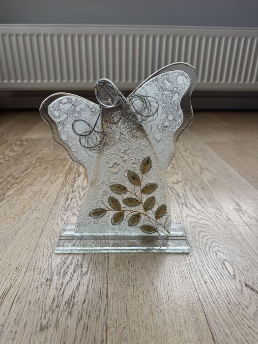 Szklany anioł dekoracyjny, rękodzieło, 25 cm