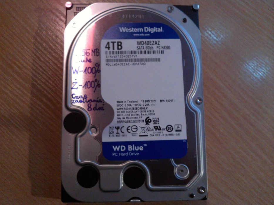 Dysk 4TB WD40EZAZ 3,5" 5400RPM 256MB Cache - doskonały stan - zdjęcia.