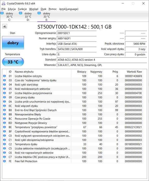 Dysk HDD Seagate 500GB 2,5" SATA 5900RPM 2016.06 Testowany