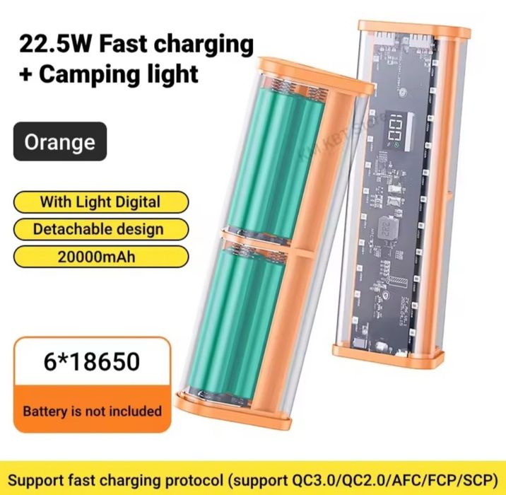 Прозрачный корпус повербанка с быстрой зарядкой 22.5 W на 6 батарей 18