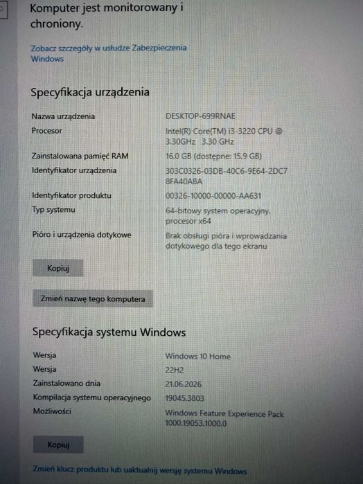 Komputer stacjonarny Intel Core i3  16 GB RAM  SSD 240 GB + HDD 160 GB  Windows 10