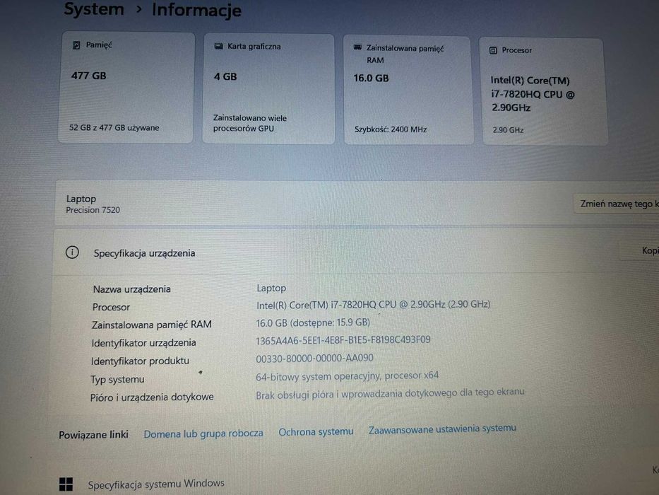 Laptop Dell Precision 7520 i7 16GB 512SSD - 15,6