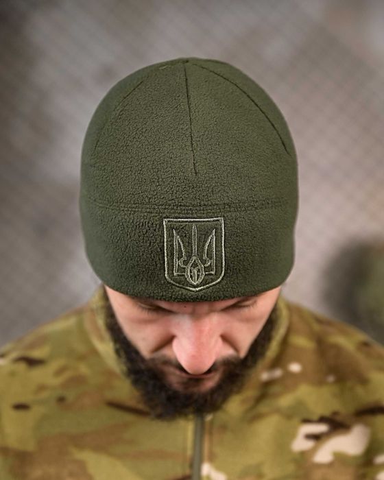 Тепла тактична флісова шапка з гербом України Олива  Без передоплати