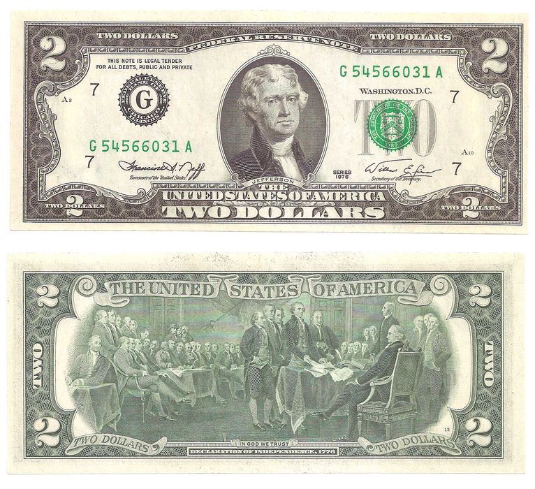 Банкнота 2 Доллара США 1976 год UNC фартовая 7777