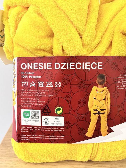 Kombinezon pluszowy piżama onesie Pokemon Pikachu 98-104