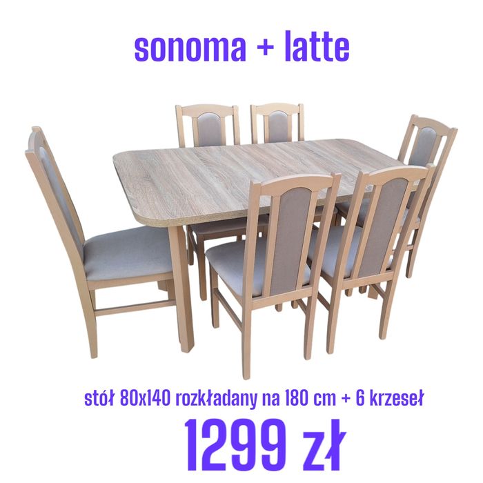 Stół rozkładany i 6 krzeseł, sonoma + latte, NOWE, transport cała PL