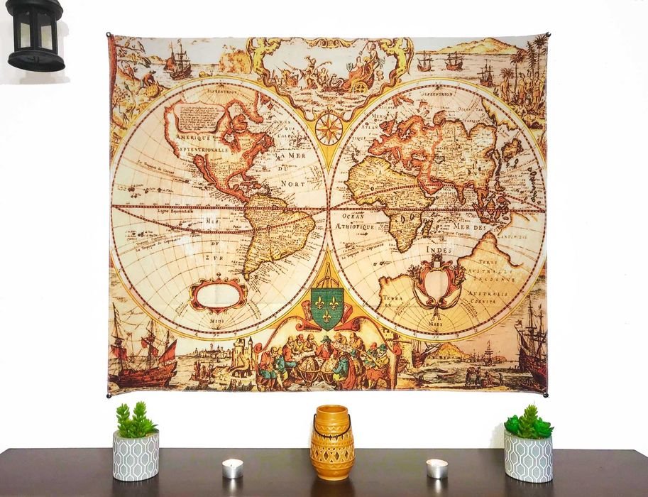 Tkanina ścienna/narzuta "Stara Mapa", ok. 94cm/75cm, nowa