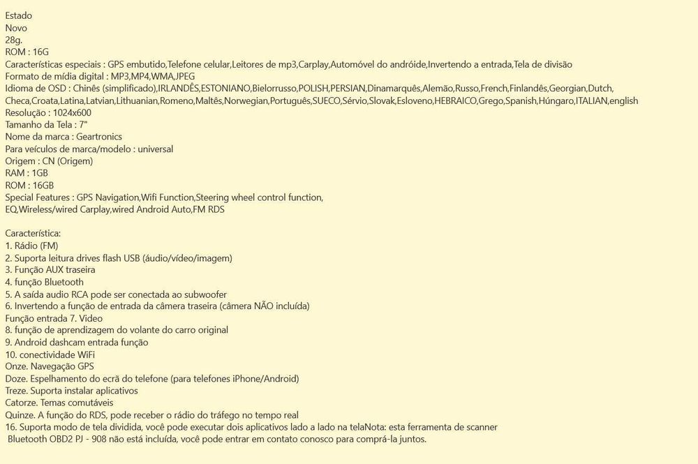 D93- Universal Android 7 polegadas versão 9.0 FM RDS