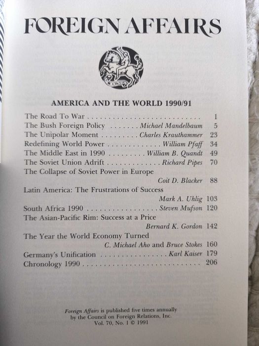 "Foreign Affairs" America and the World 1990/91 Volume 70, Number 1