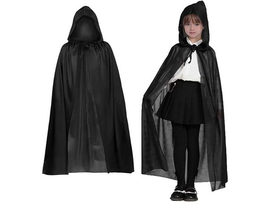 Peleryna czarna z kapturem dla dziecka Halloween czarodziej wiedźma