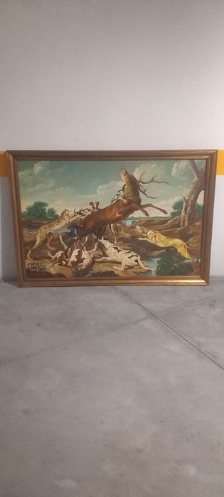 Grande Quadro Antigo a Óleo Sobre Tela – Cena de Caça com Moldura Dourada