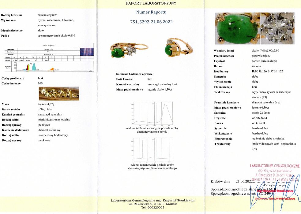 Złote Kolczyki - 14K - 4,57g - SZMARAGDY I DIAMENTY - Kraków