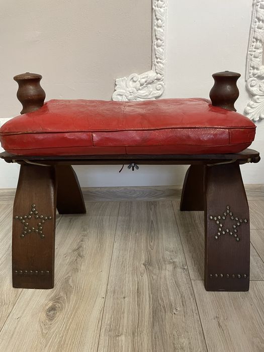 Taboret siedzisko drewno, skóra naturalna