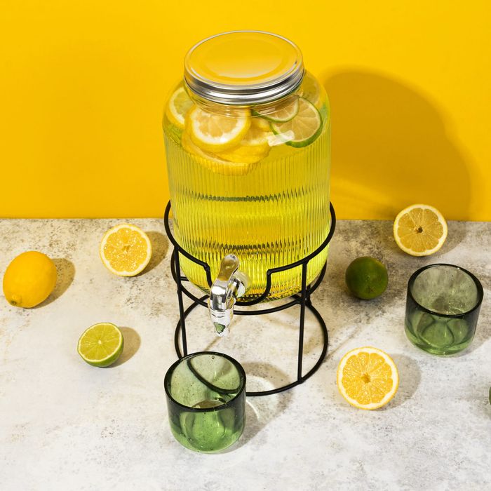 Słój szklany z kranikiem - 4 L - RYFLOWANY + stojak, na lemoniadę wodę