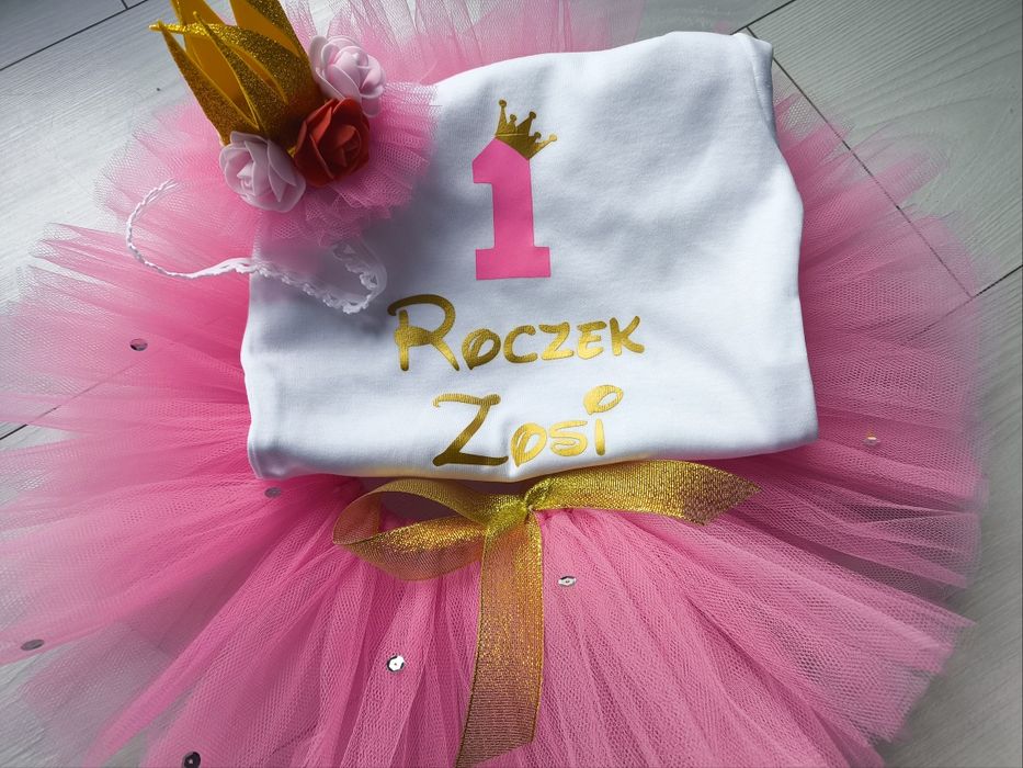Komplet tiulowy różowy Minnie miś na roczek dziewczynki