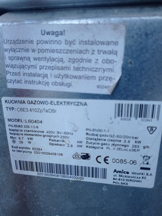 Kuchnia gazowo elektryczna 2x płyta ceramiczna 2x palnik gazowy Amica