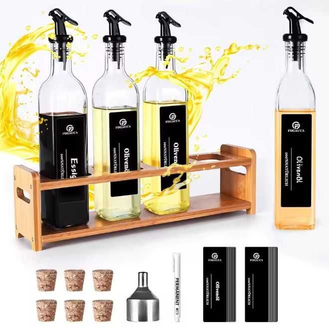 Zestaw butelek na ocet i olej 4X500ml z nalewakami i półką