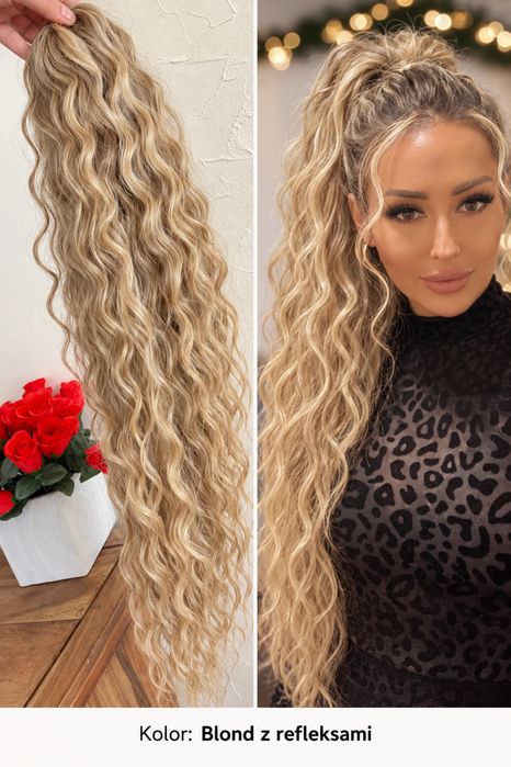 Od ręki kucyki kanekalon na klamerkę  Waga 155 g, 75 cm.  Zapięcie klamra lub grzebyk  Blond z refleksami
