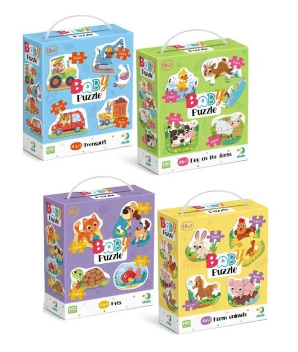 Пазли 4в1 Dodo Baby puzzle для найменших: Тварини ферми, Домашні улюбленці, Транспорт
