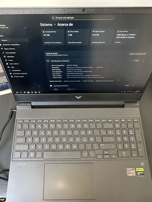 Potatil Gaming HP Victus Ryzen 5 16GB RTX2050  DDR5 de RAM 500GB SSD