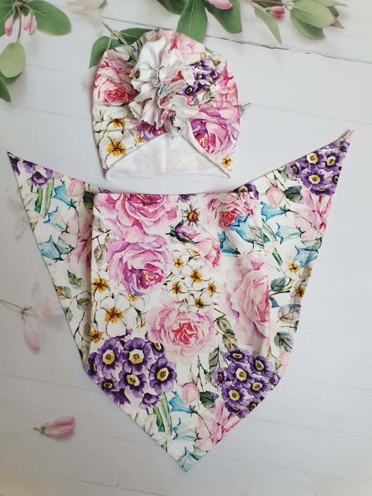 Komplet na wiosnę dla dziewczynki turban + chustka 6-12 m-cy NOWY