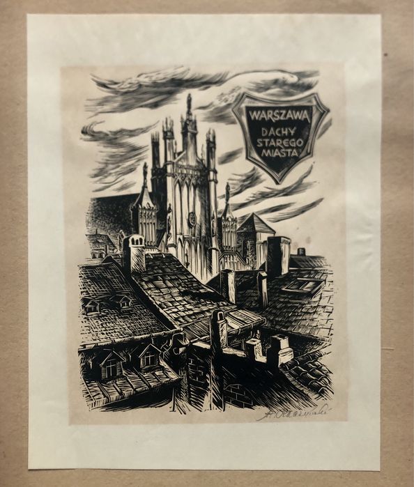 Drzeworyt grafika obraz Warszawa Stare Miasto Stanisław Raczyński