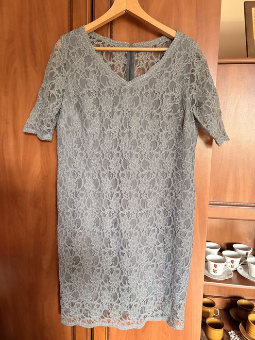 Sukienka damska koronkowa szara z halką r. L XL wizytowa 96cm