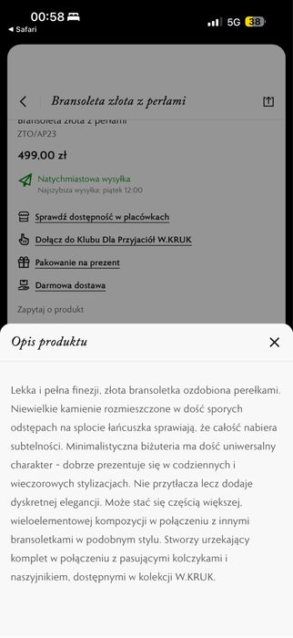 W.Kruk nowa złota branzoletka z perłami z certyfikatem