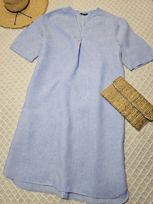 100% лён! голубое льняное миди платье свободного кроя M&S р. 20р. 20