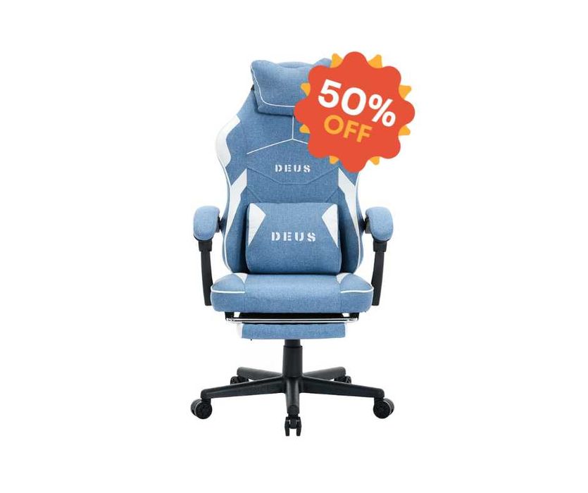 Fotel Gamingowy z podnóżkiem DEUS Edge Light Blue, tkanina