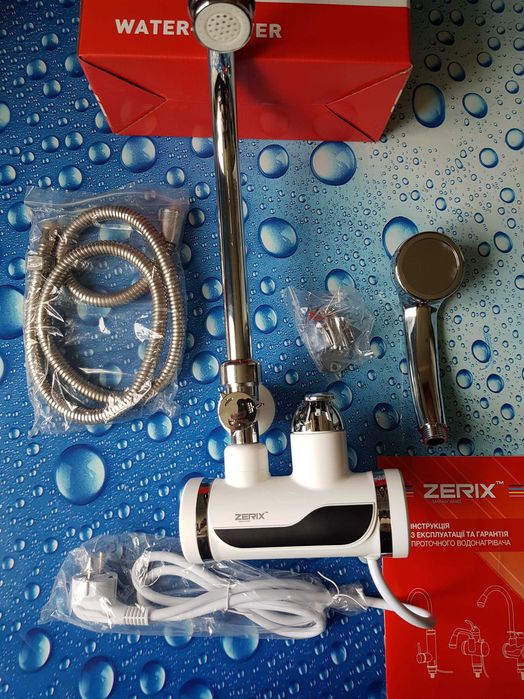 Водонагрівач НАСТІННИЙ 3,6 kW проточний, з індикатором температури ZERIX ELW08-EW (зі шлангом та лійкою)