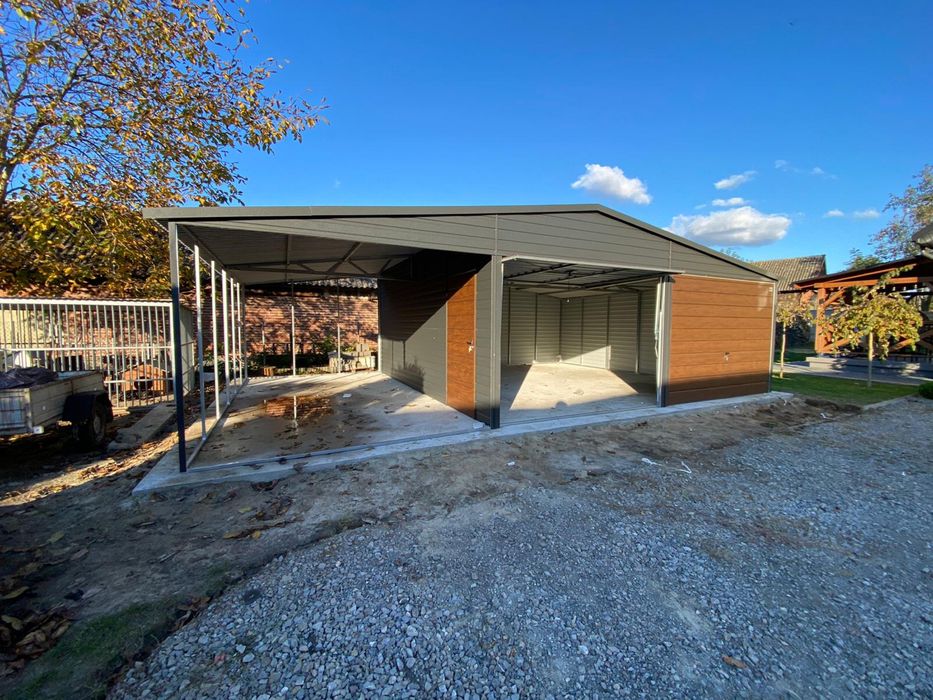 Garaż blaszany 6x6 plus wiata 3x6, antracyt, grafit mat. PRODUCENT.