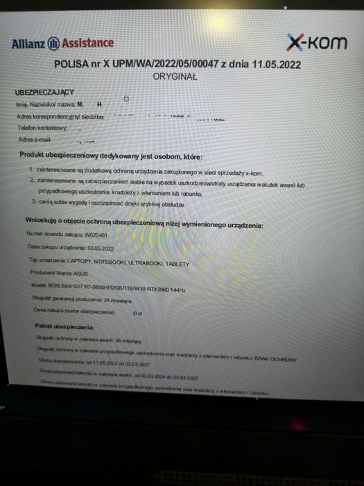 ROG STRIX G17 R7-5800H/32GB/1TB/WIN11/3060/144hz  gwarancja do 03.27!