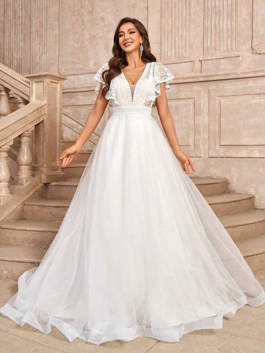 Suknia ślubna boho z trenem francuska koronka 36, 38, 40