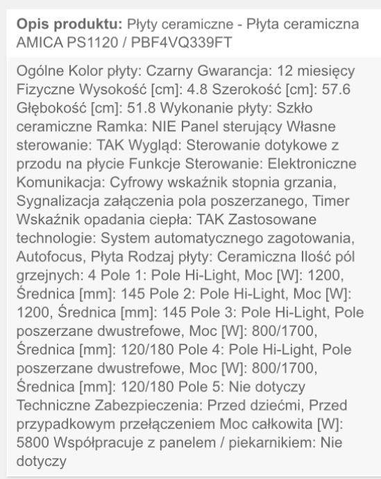 Plyta ceramiczna Amica PBF4VQ339FT, PS1120