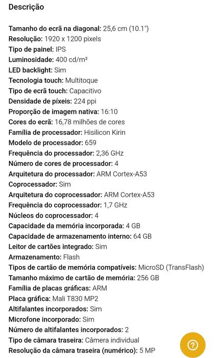 Tablet Huawei T5 4/64GB faz chamadas, excelente estado,caixa,312€ Fnac