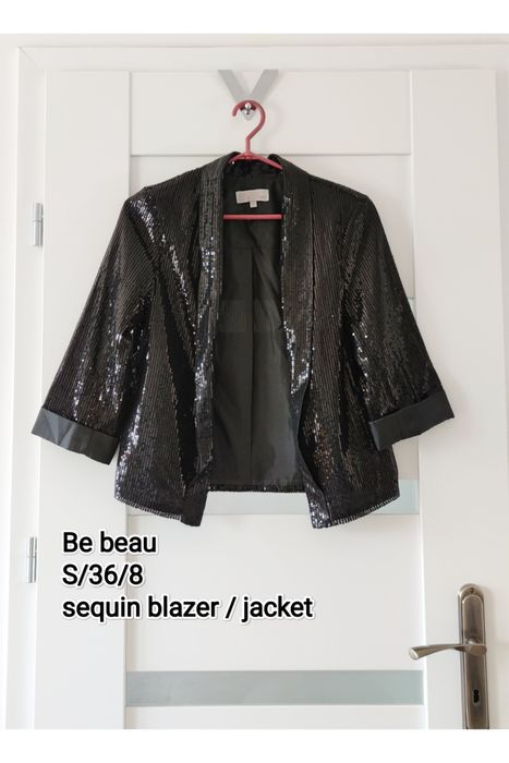 Blezer żakiet czarny wyszywany cekinami S/36 oversize rękaw 3/4